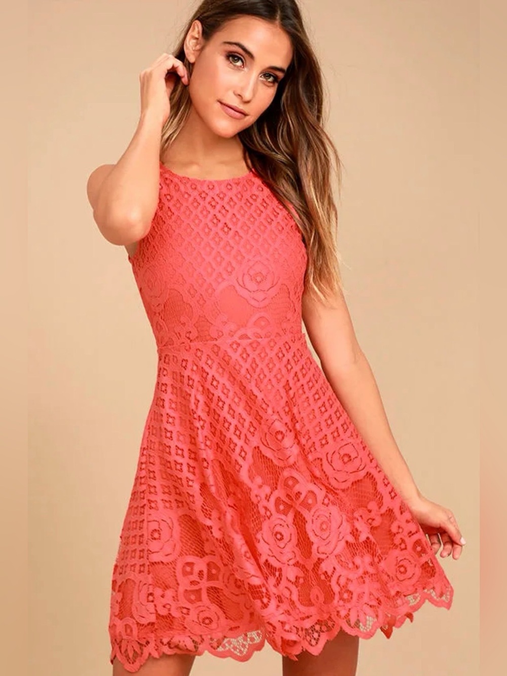 Back Sean Desire Coral Lace Sleeveless Skater Dress